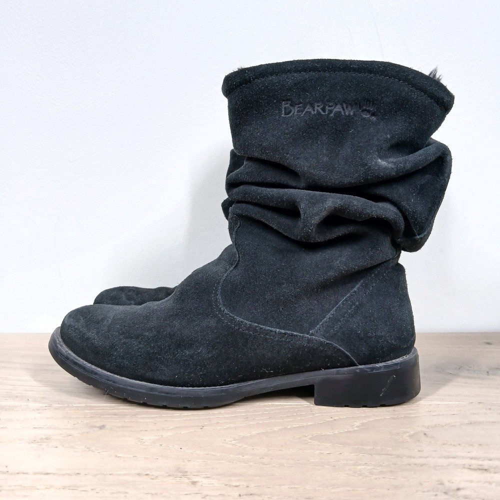 Bearpaw Slouch Boots Womens 6 Black Suede Mid Calf Ruched Boho Cozy Winter